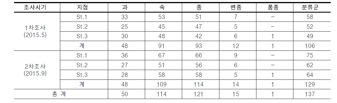 화천천의 식물 분포 현황(전체 조사결과)