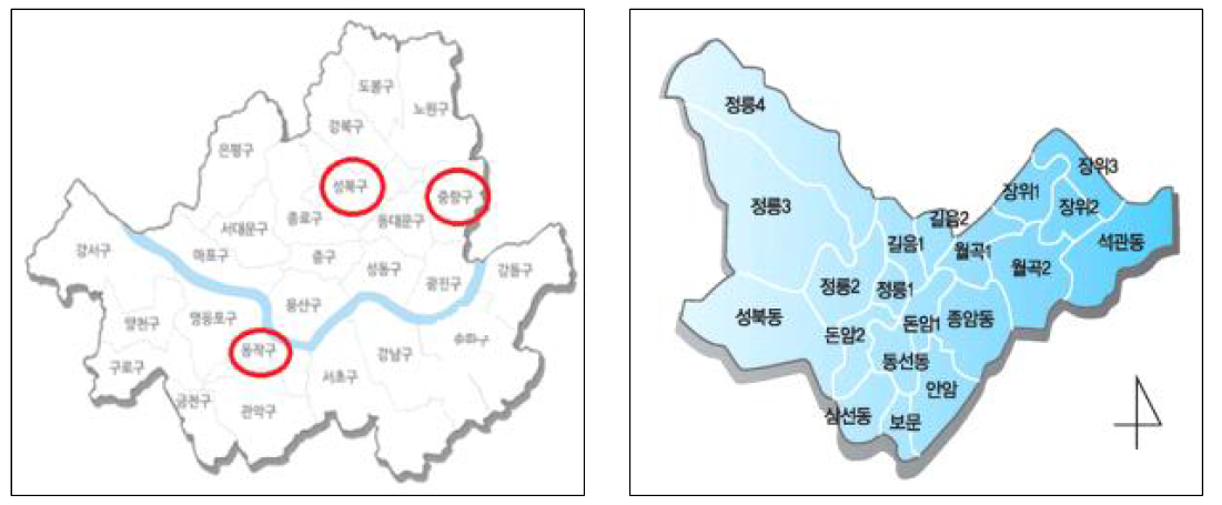 서울시 전체 지역 및 모집 선정지역 (좌: 서울시 전체 , 우: 성북구)