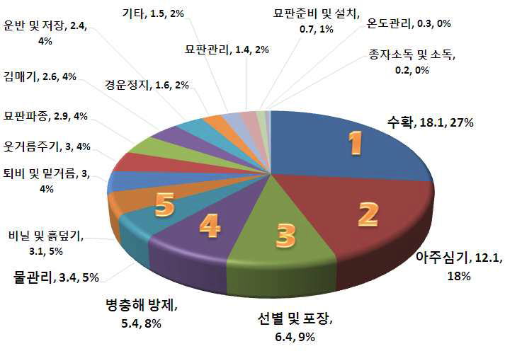 배추 작업단계별 노동투하시간 분석