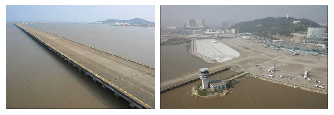 마카오 국제공항 유도로 및 관제탑과 계류장 전경
