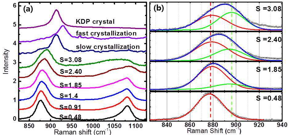 KDP 수용액의 과포화에 따른 분자구조 변화를 나타내는 라만 산란 신호.