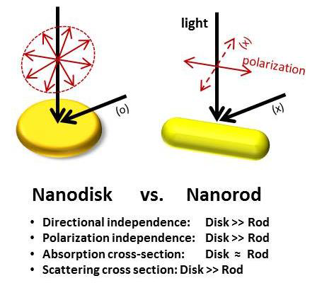 1D Nanorod와 2D Nanodisk의 광특성을 비교한 모식도.