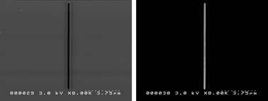 나노 슬릿의 이차전자 상 (왼쪽), 낮은 가속 STEM 상 (오른쪽)