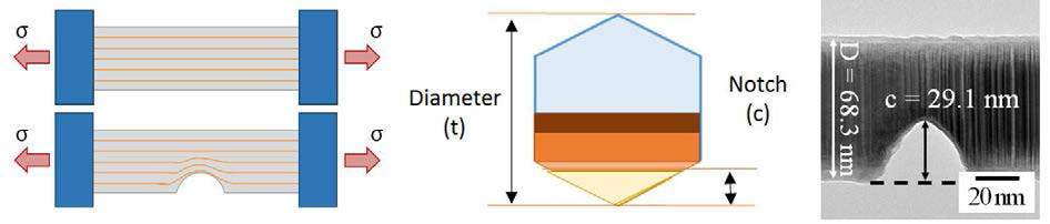 단일 나노선의 파괴 거동을 평가하기 위해 제작한 소자의 개념도 (a)와 집속된 전자에 의해 나노선 위에 형성된 노치 (notch)의 투과전자현미경 사진 (b)