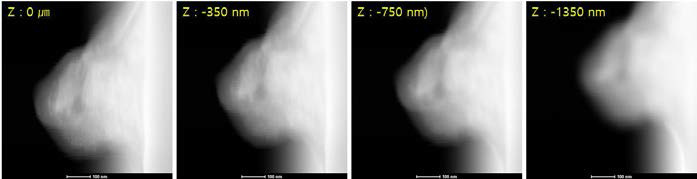 투과전자현미경 내에서 고정된 초점에서 물질의 높이 변화에 따른 이미지 변화