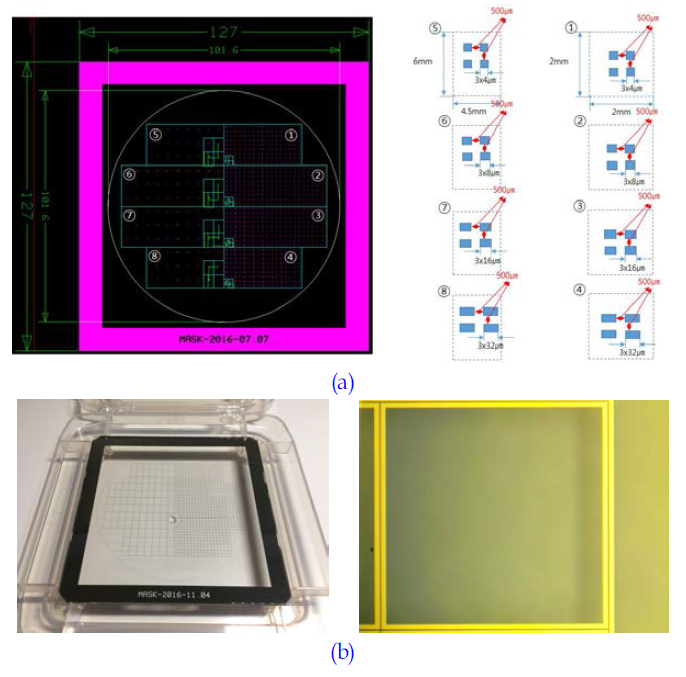 액상셀 소자 제작을 위한 마스크 설계 도면 (a)과 실제 제작된 마스크 (b)