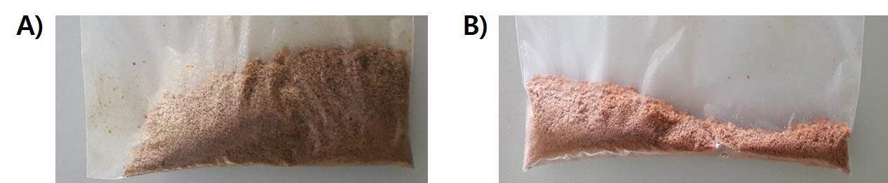 Beef powders treated with sulfadiazine (A) and untreated beef powder (B).