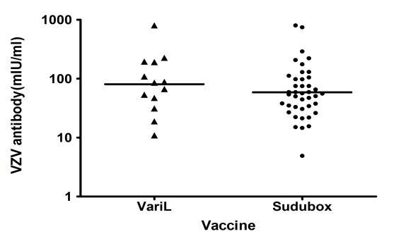 Distribution of VZV antibody titers by vaccines
