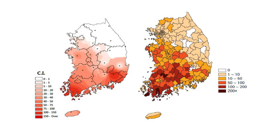 Geographical distribution of chigger mite, L. scutellare (Left) and scrub typhus incidence per 0.1 million people (Right)