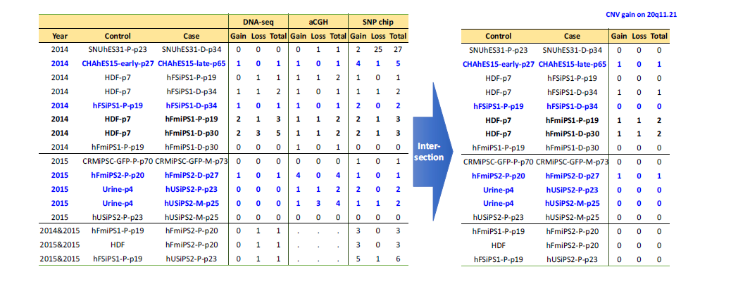 줄기세포주의 CNV 통합분석 결과