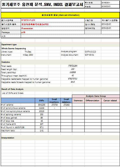 줄기세포주 유전체 분석 결과보고서_SNV, INDEL