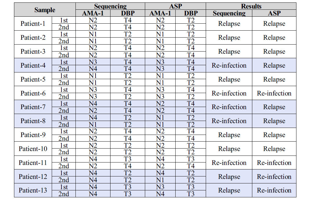 재발/재감염자 AMA-1과 DBP subtype 분석