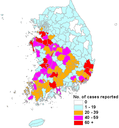 쯔쯔가무시증 환자 발생 분포도(10만명 당 환자수, 2009)