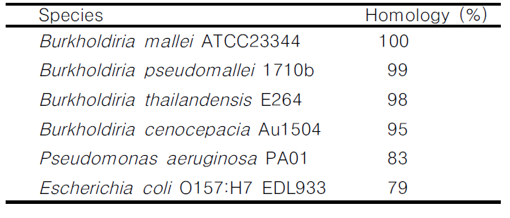 Comparison of deduced amino acid sequence of SOD gene from B. pseudomallei with those of the others known SOD of Burkholderia strains