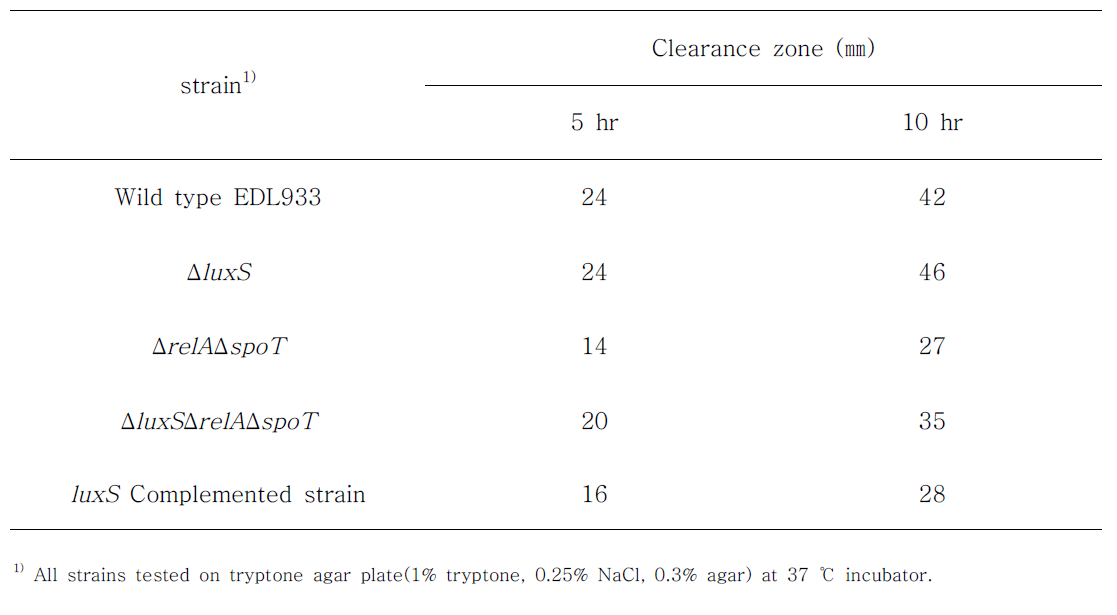 Dimeter of clearance zone(mm) of wild-type strain and mutant strains