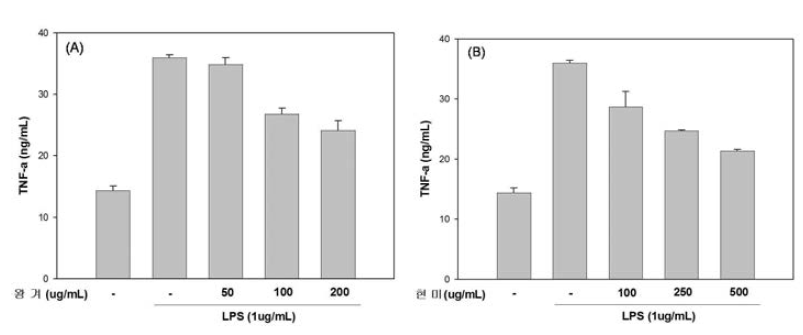 왕겨 및 현미 추출물의 TNF-α생성 억제 효과.