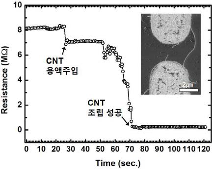 미세 전극 상 CNT 조립에 따른 실시간 저항 값 변화