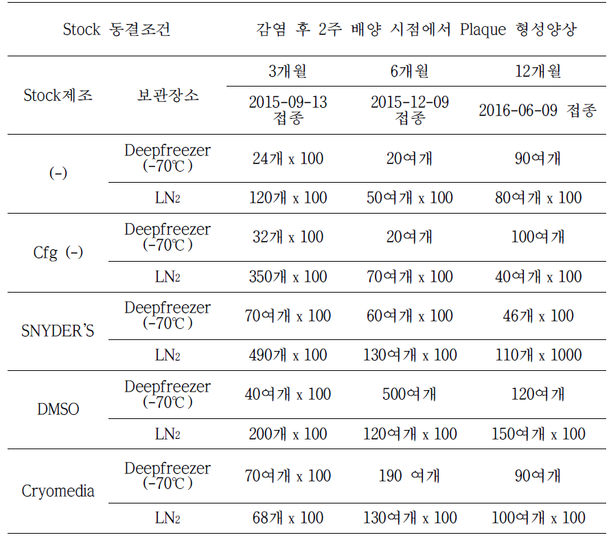 Orientia 동결조건비교를 위한 3, 6, 12개월 배양결과