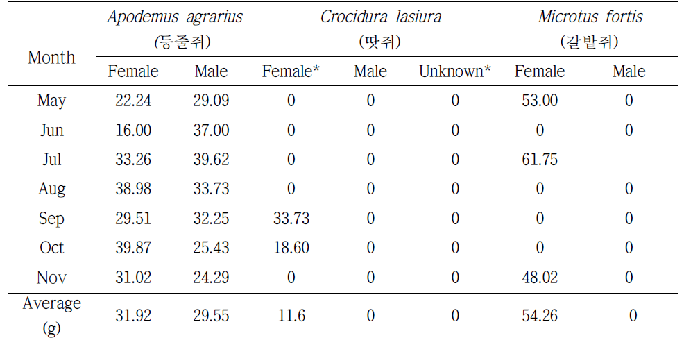 채집된 설치류 성별에 따른 평균 몸무게