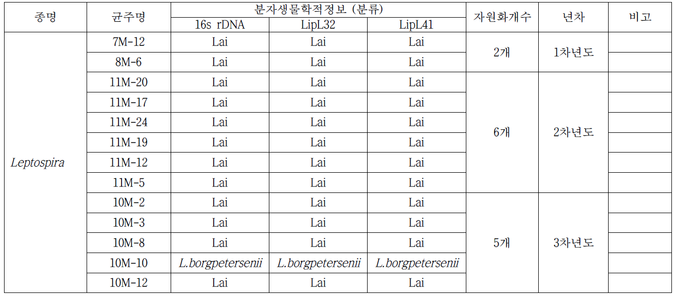 1,2,3차년도에 분리한 렙토스피라 분리균주 목록