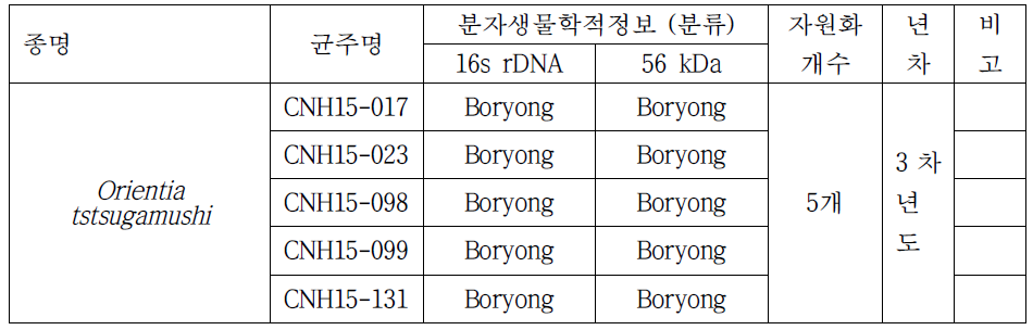 3차년도에 자원화한 자원화한 오리엔티아 균주 목록