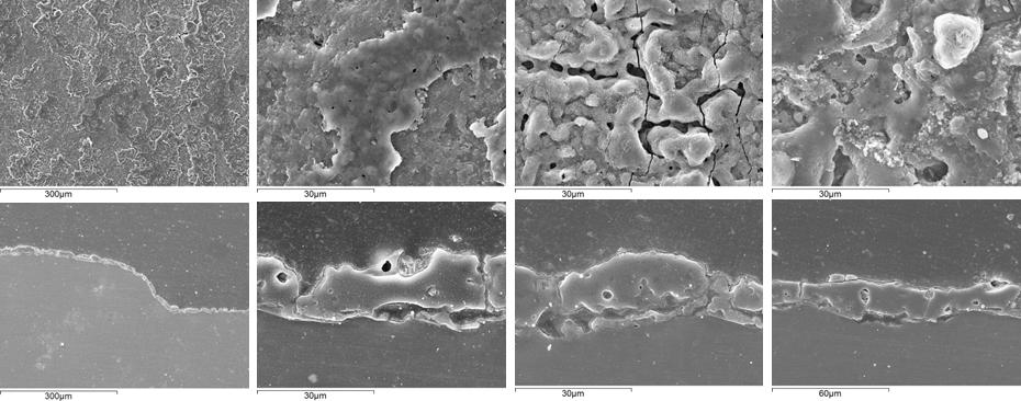 Surface and cross-sectional images of PEO films formed on AZ91 Mg alloy