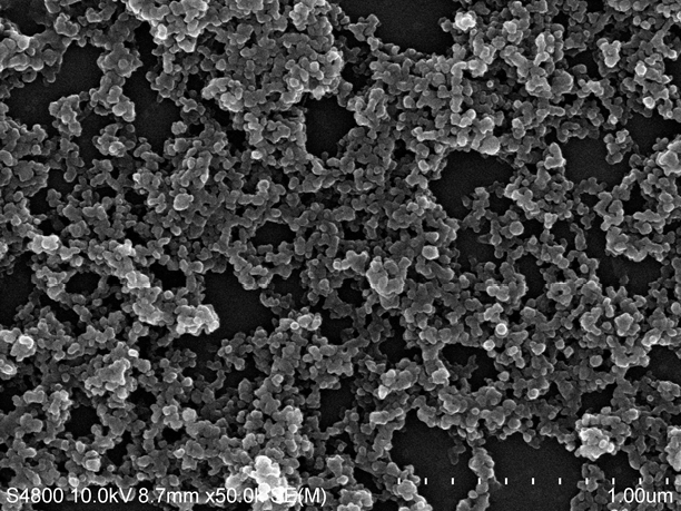 증류수 중 흑연봉의 전기폭발에 의해서 생성된 나노입자 SEM사진