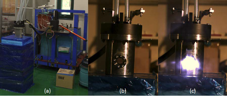 폭발 충돌 과정을 관측하기 위한 셋업 (a) 챔버 및 전원장치 (b) 챔버내부 흑연봉 2중 설치된 모습 (c) 폭발에 의한 발광