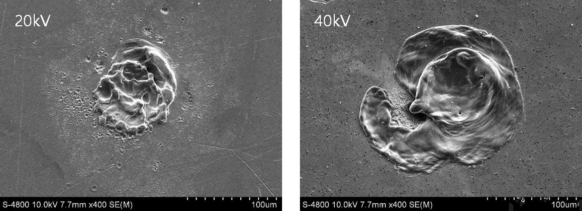 나노초 펄스 방전 후 Ag 전극 표면의 방전 흔적 SEM 사진