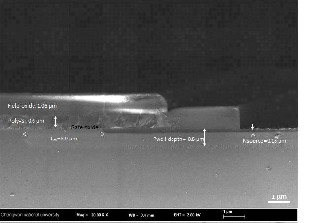 2차 MOSFET의 단면 SEM 이미지.