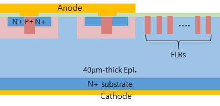 FLR 깊이의 영향 분석을 위한 SiC body diode 단면 구조.