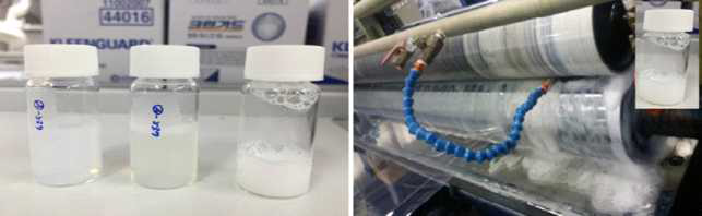 대용량 코팅시 용액조에서 발생하는 기포(우) 및 기포 안정화를 통한 안정적인 용액 제조(좌 1, 2)