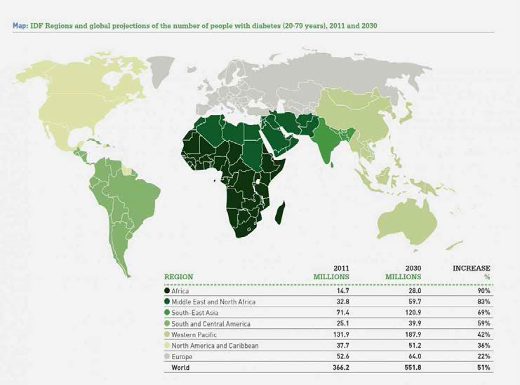 전 세계 당뇨병 유병률 2011년과 2030년 전망 (International Diabetes Federation)