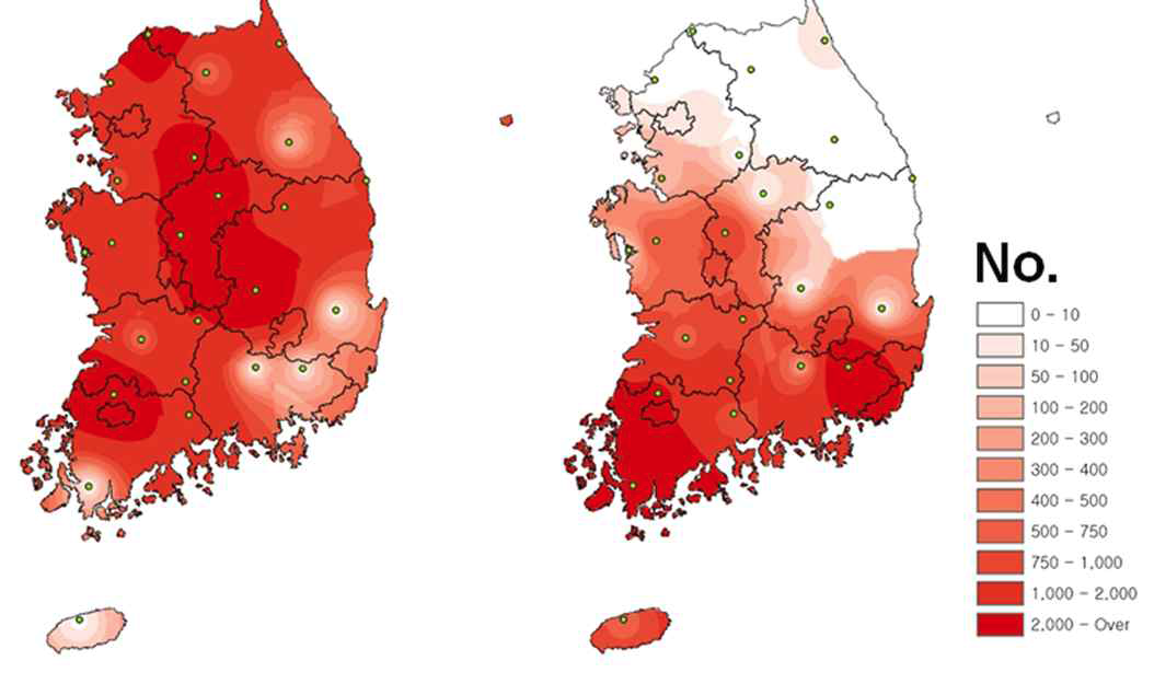 대잎털진드기(좌) 및 활순털진드기(우) 분포(2005-2007년)