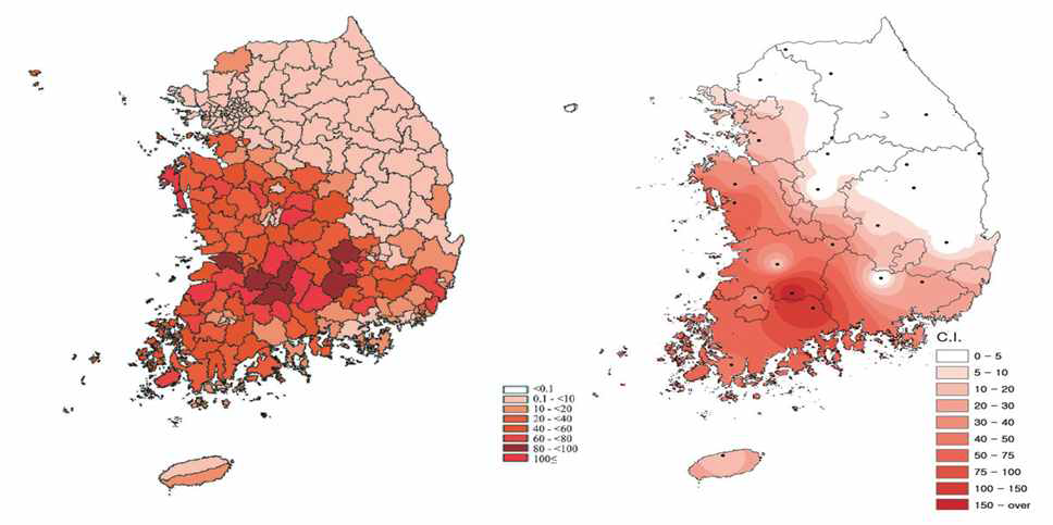 쯔쯔가무시증 환자 발생 분포 및 활순털진드기 분포(2008-2012년, 2011-2013년)