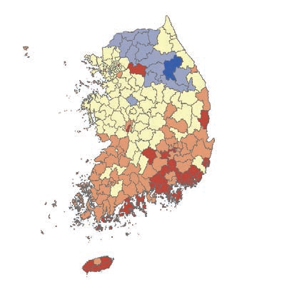 RCP4.5에 따른 2050년 1월 최고기온 전망