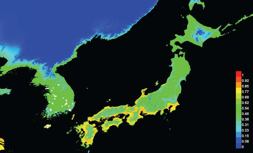 세계 기상 모델(1월 최저기온)을 이용한 미래 흰줄숲모기 분포 추정(2070년 RCP 4.5)