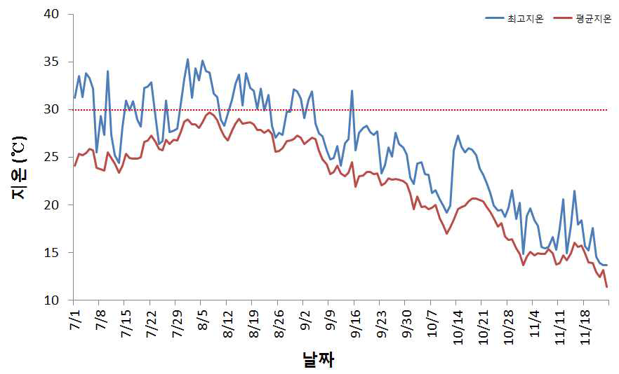 동죽 시범어장 갯벌 최고지온 및 평균지온