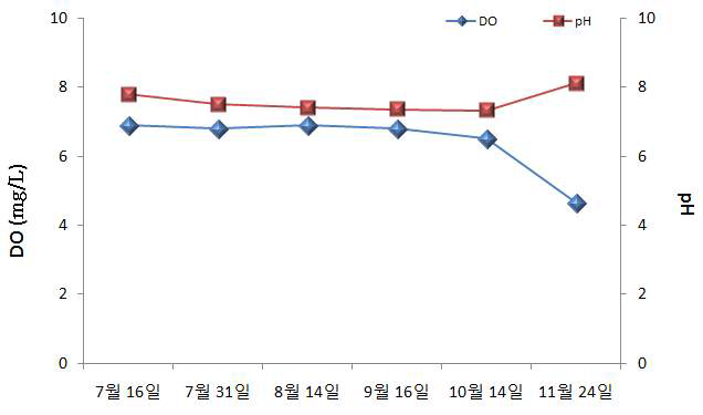 가무락 시범어장의 용존산소 및 수소이온농도 변화