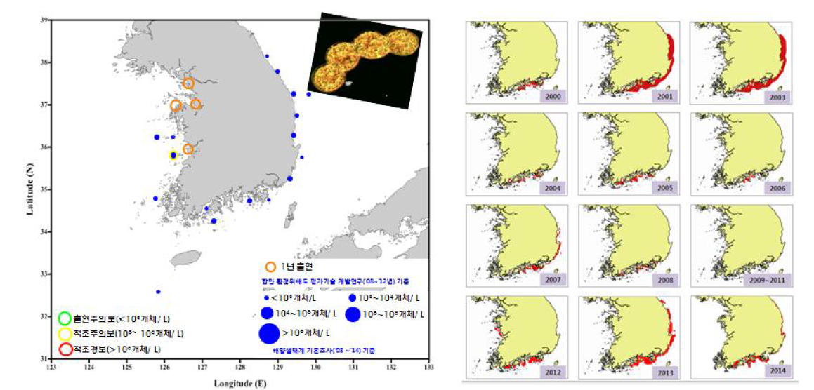 코클로디니움의 분포 현황(좌) 및 연도별 발생 현황(우) 국립수산과학원
