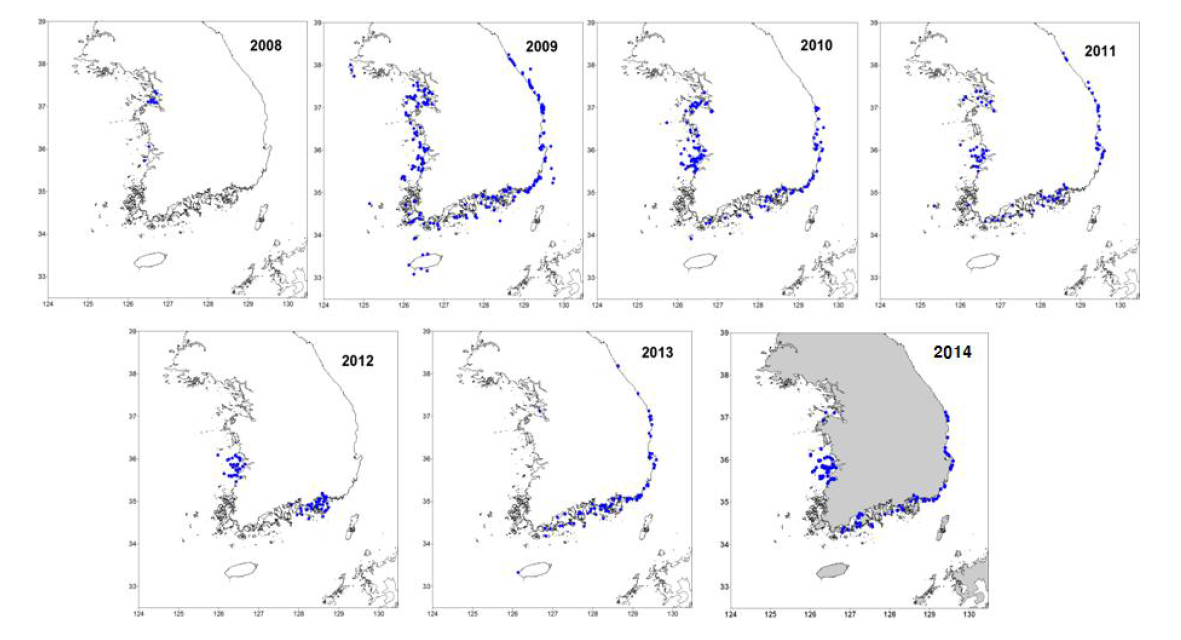 보름달물해파리의 연도별 분포 현황