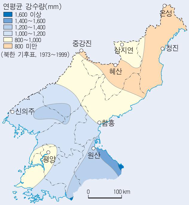 북한의 지역별 연간 강수량