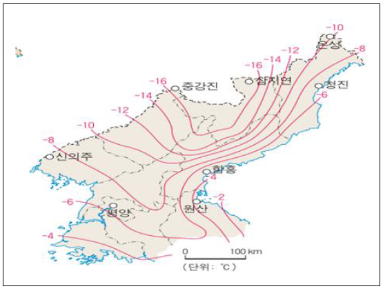 북한의 1월 기온 분포도