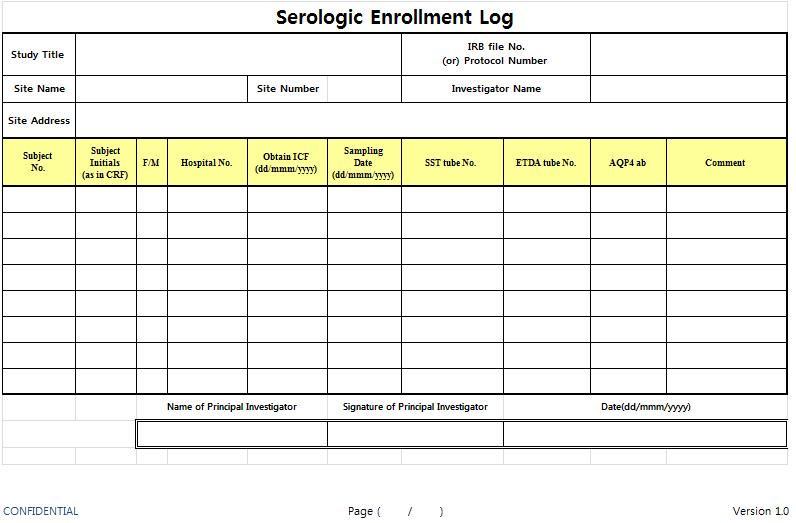 Serologic enrollment log