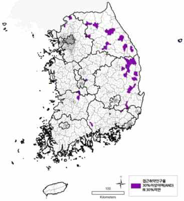 1차의료 접근성 취약인구가 30%이상이면서(AND) RI 30%미만인 지역