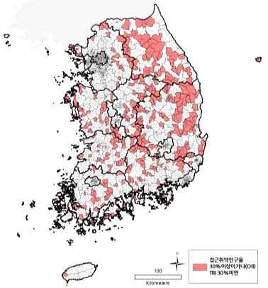 1차의료 접근성 취약인구가 30%이상이거나(OR) TRI 30%미만인 지역