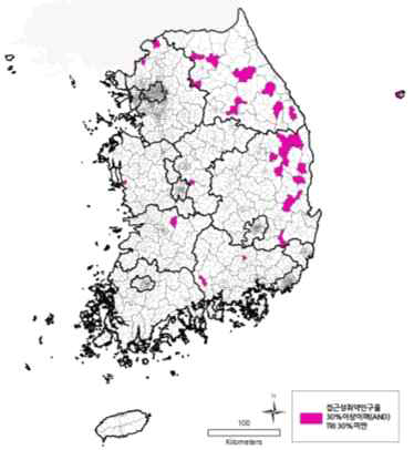 1차의료 접근성 취약인구가 30%이상이면서(AND) TRI 30%미만인 지역