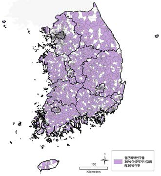 치과 접근성 취약인구가 30%이상이거나(OR) RI 30%미만인 지역