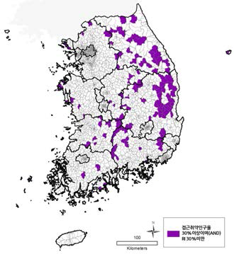 치과 접근성 취약인구가 30%이상이거나(AND) RI 30%미만인 지역