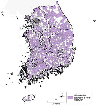 한의과 접근성 취약인구가 30%이상이거나(OR) RI 30%미만인 지역